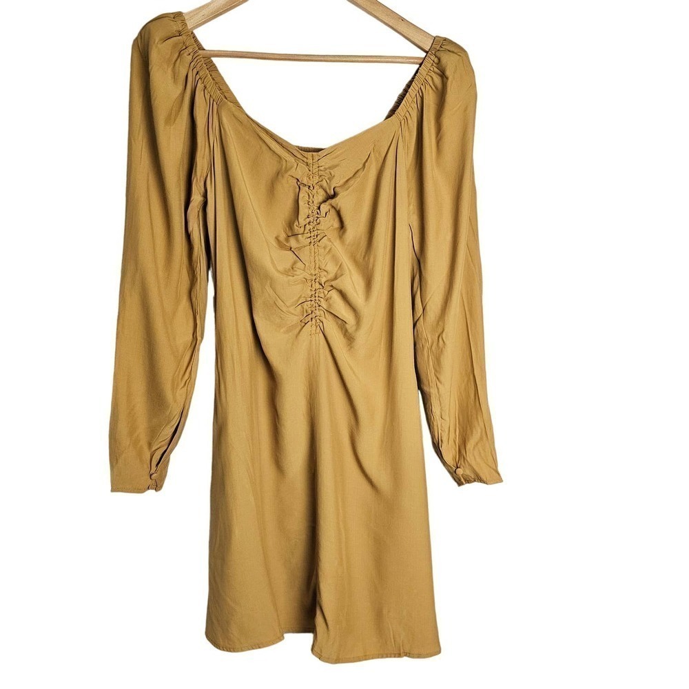 A New Day Dress Womens Medium Brown Puff Sleeve Ruched Long Sleeve Short